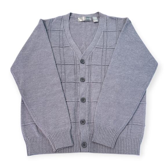 Oscar De La Renta | L | Textured Knit Window Pane V-Neck Button Down Cardigan - Picture 2 of 7